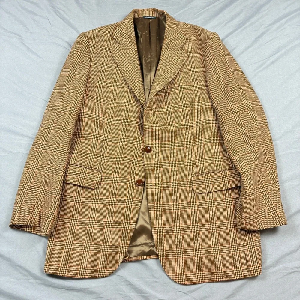 Made in Italy Cotton Mens Sport Coat Glen Plaid Tan Brown 40R (50IT) Guabello